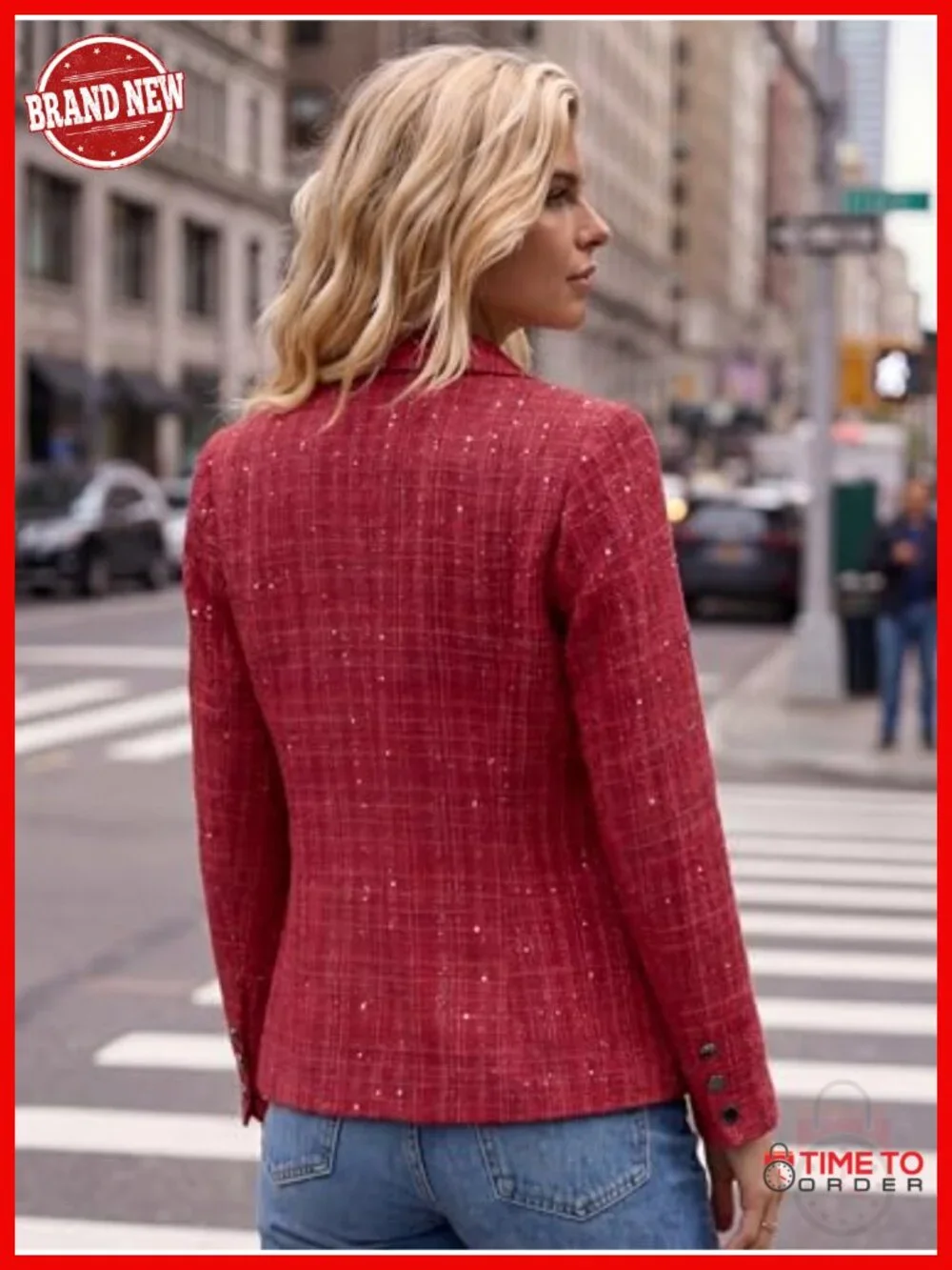 Womens Tweed Blazer Jacket Plaid Sequin Long Sleeve Casual Business Work Blazers_2